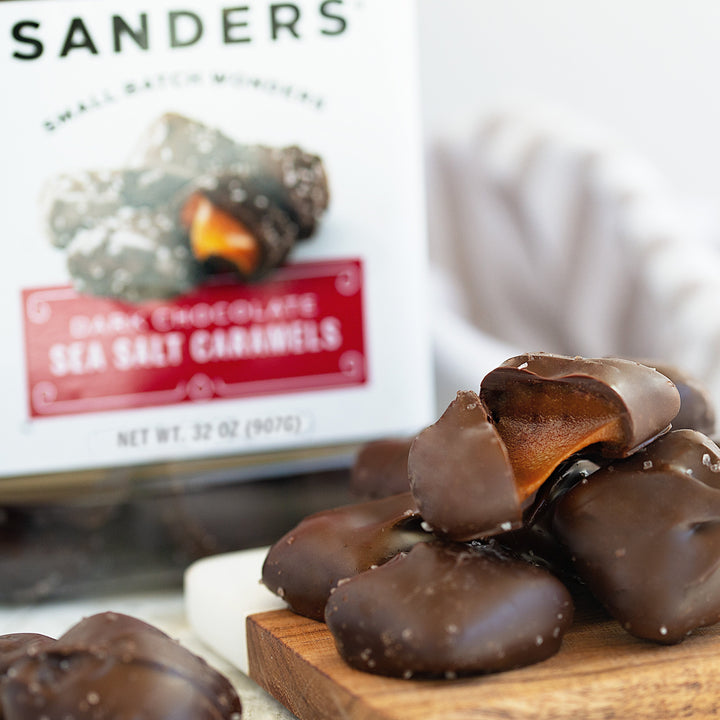 Original Dark Chocolate Sea Salt Caramels Tub closeup