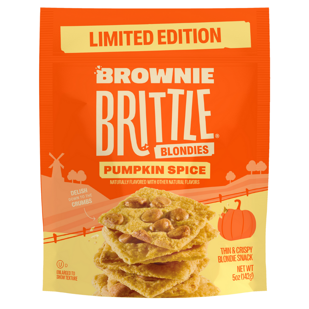 Packaging of Brownie Brittle Blondies Pumpkin Spice flavor on an orange background