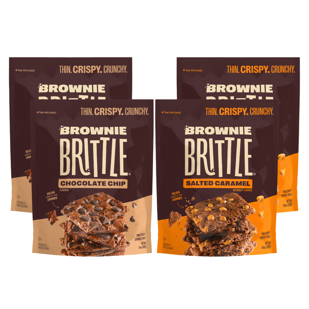 Brownie brittle chocolate chip and salted caramel packages