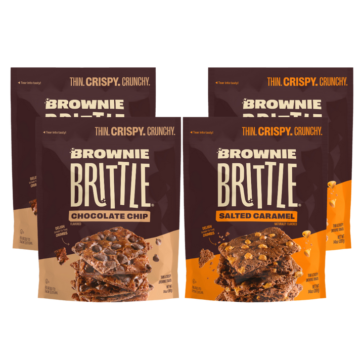 Brownie brittle chocolate chip and salted caramel packages