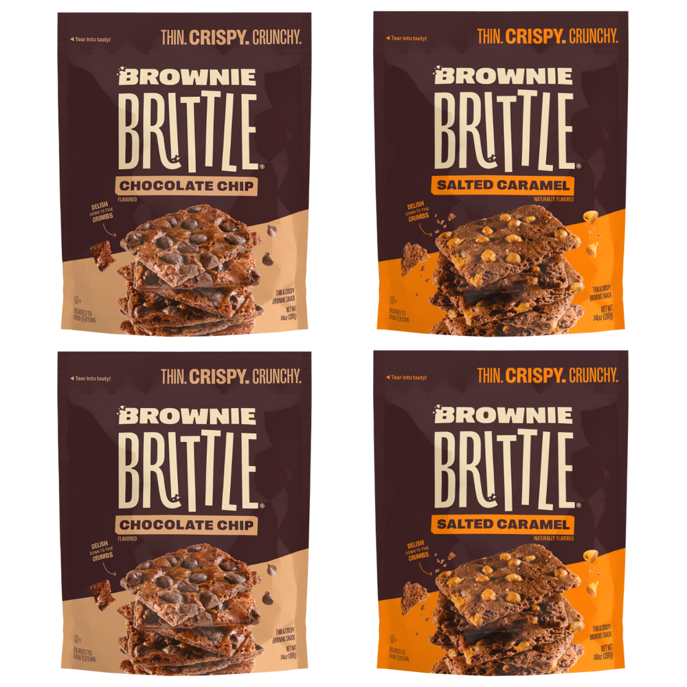 Chocolate chip and salted caramel brownie brittle packages