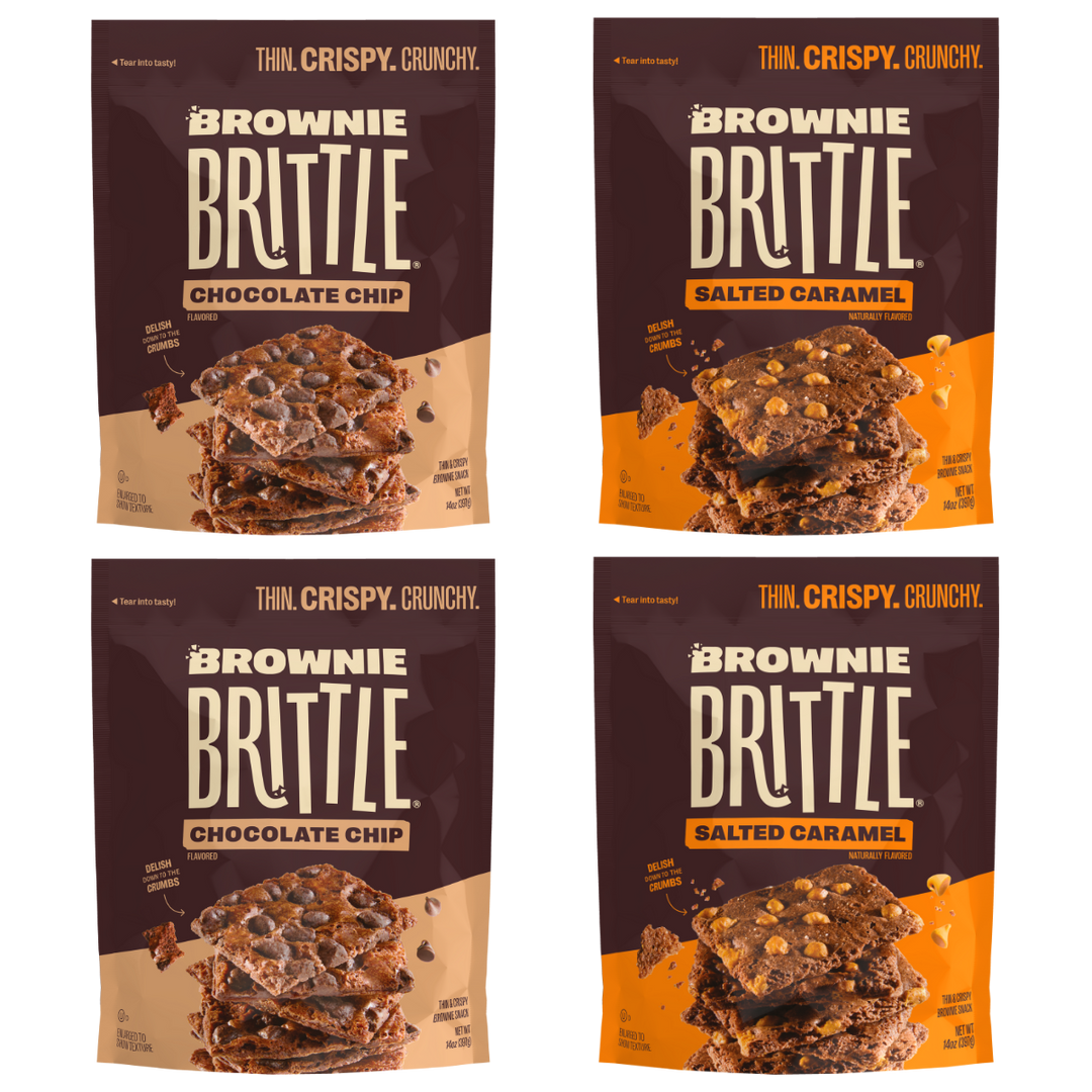 Chocolate chip and salted caramel brownie brittle packages