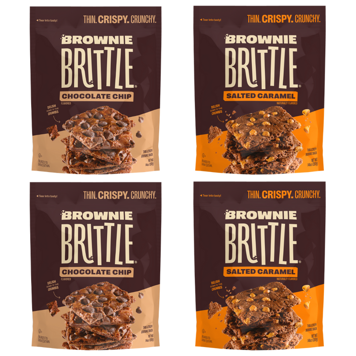 Chocolate chip and salted caramel brownie brittle packages