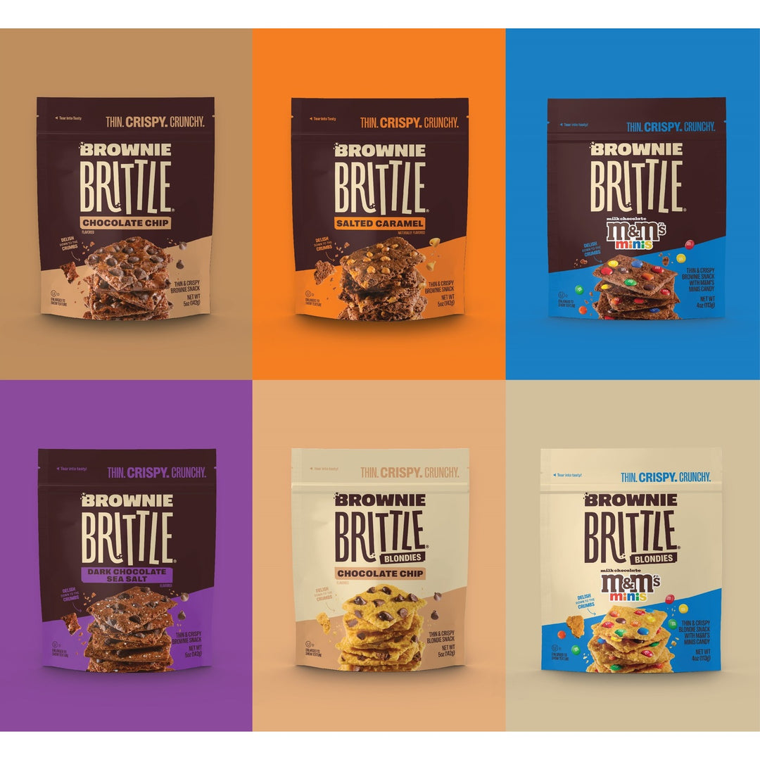 various brownie brittle packages on a multi-colored background