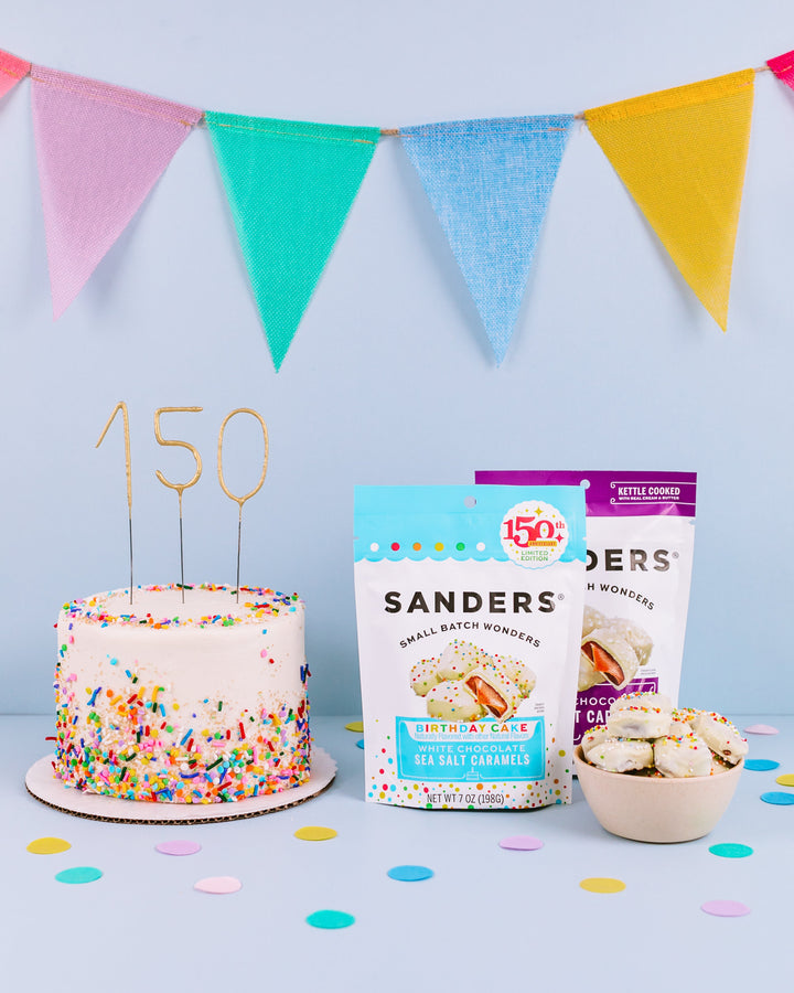 Sanders Candy - White Chocolate Birthday Cake Flavor Sea Salt Caramels 7oz Pouch