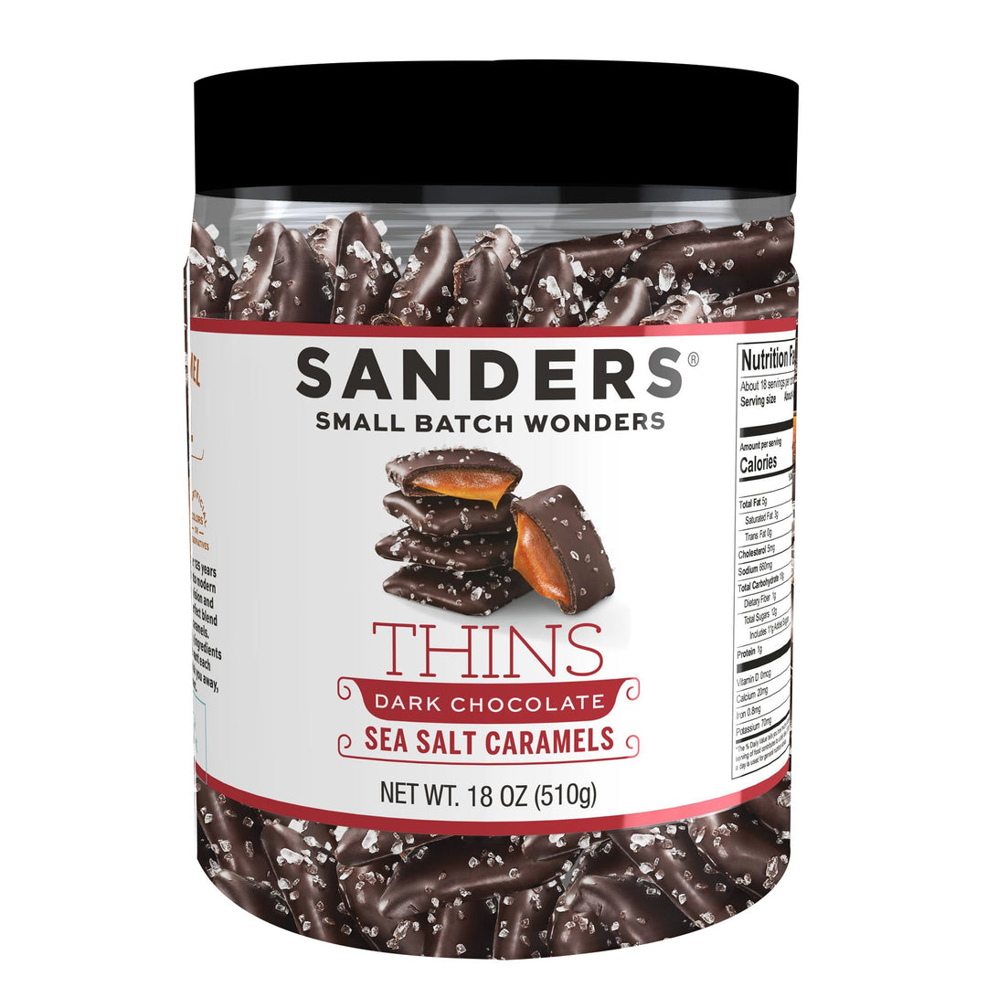 Sanders Candy - Dark Chocolate Sea Salt Caramel Thins Tub 18 oz.