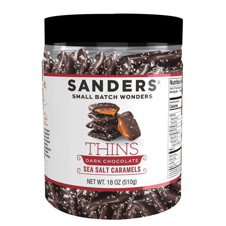 Sanders Candy - Dark Chocolate Sea Salt Caramel Thins Tub 18 oz.