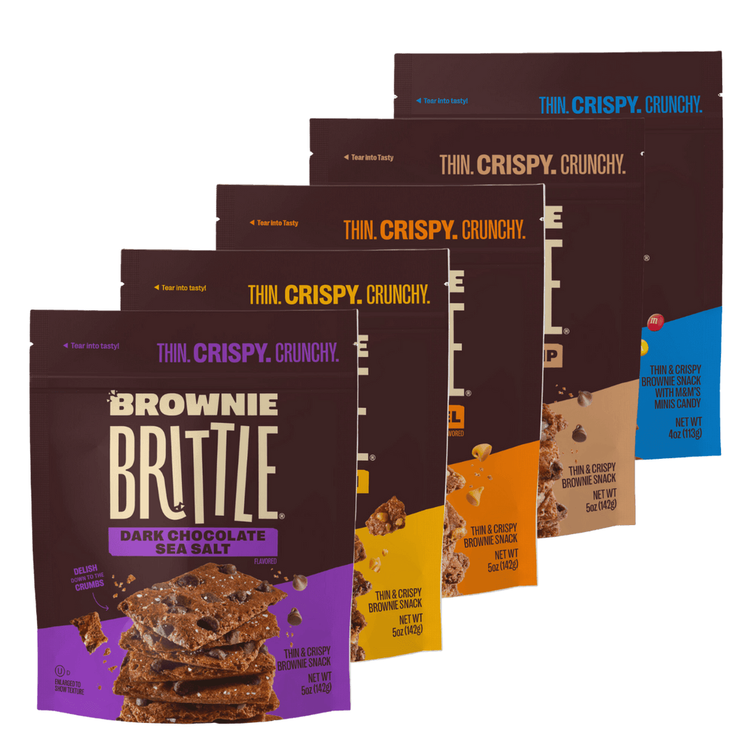 5-Packs of various Brownie Brittle products packaging