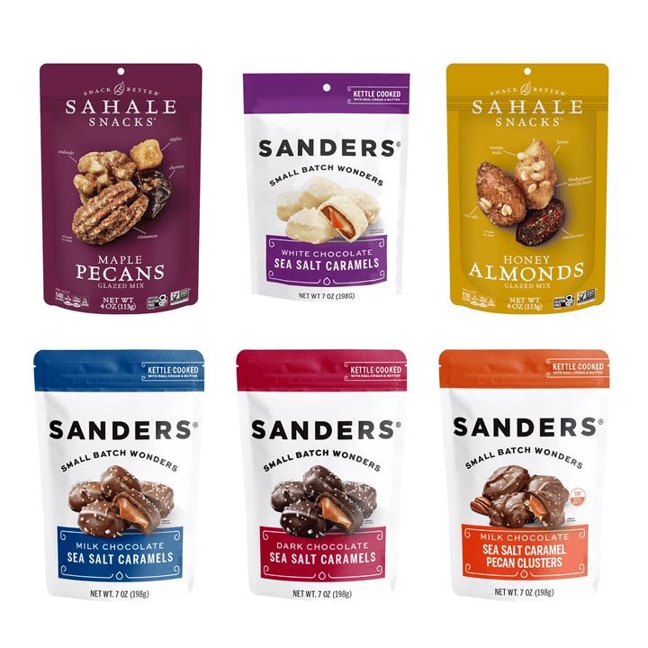 Festive Delights Gift Box - Collection of Sahale Snacks and Sanders snack packages on a white background