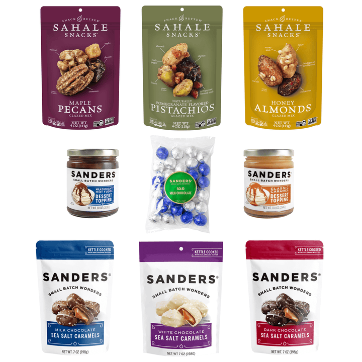 Holiday Cheer Gift Box - Collection of Sahale Snacks and Sanders products on a white background