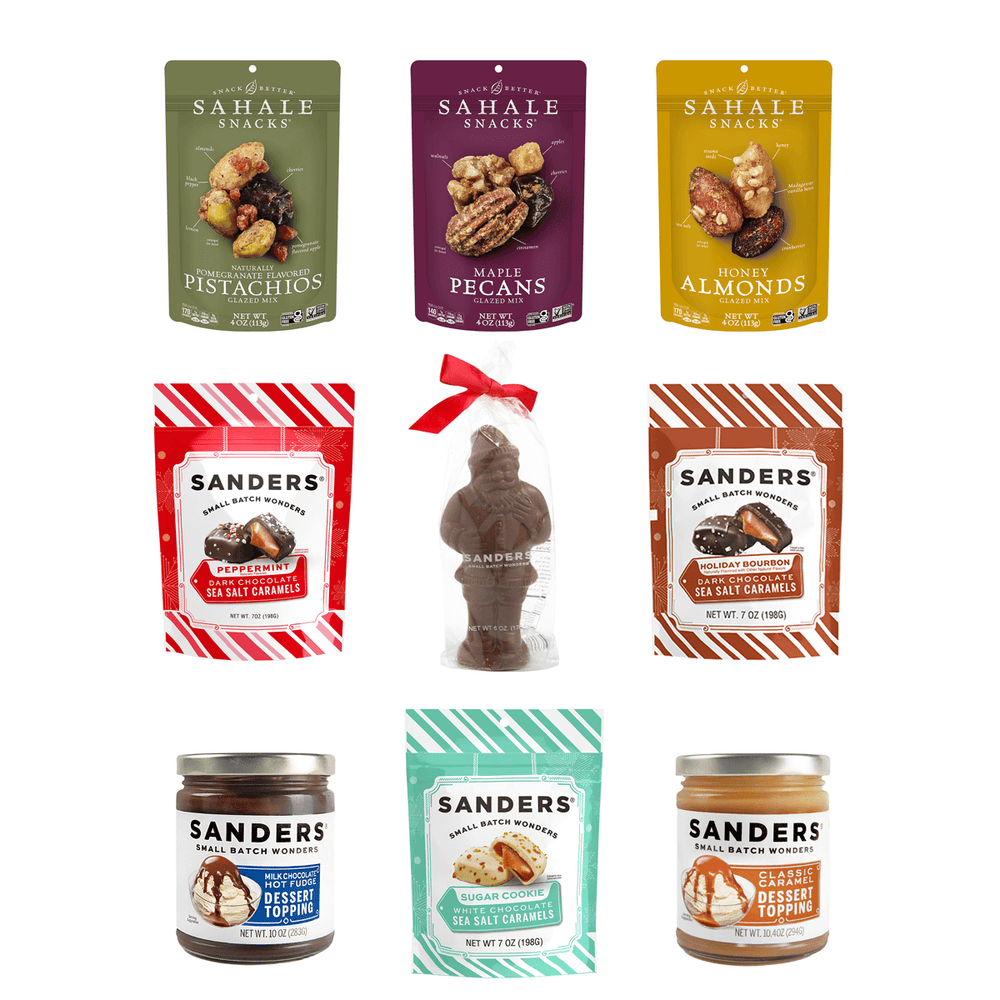 Holiday Indulgence Gift Box - Collection of Sahale Snacks and Sanders products on a white background