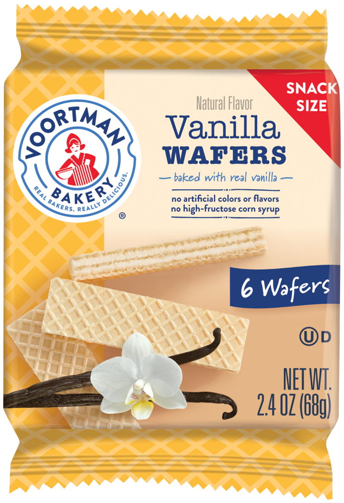 Voortman Bakery Vanilla Wafers packaging with vanilla beans and a flower on a yellow background