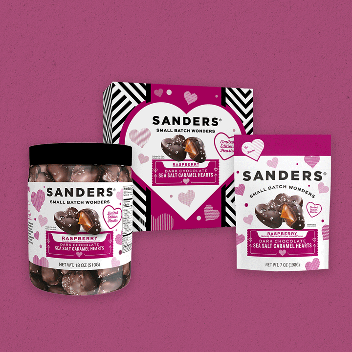 Dark Chocolate Raspberry Sea Salt Caramel Hearts 7 oz. Pouch