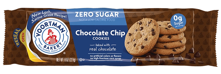 Packaging for Voortman Bakery zero sugar chocolate chip cookies. Displays stacked cookies and text highlighting no sugar, artificial colors, or flavors.