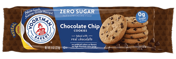 Packaging for Voortman Bakery zero sugar chocolate chip cookies. Displays stacked cookies and text highlighting no sugar, artificial colors, or flavors.