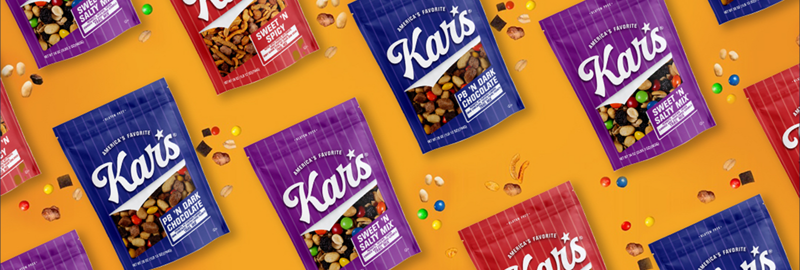 Karis snack packages on a yellow background with colorful candies.