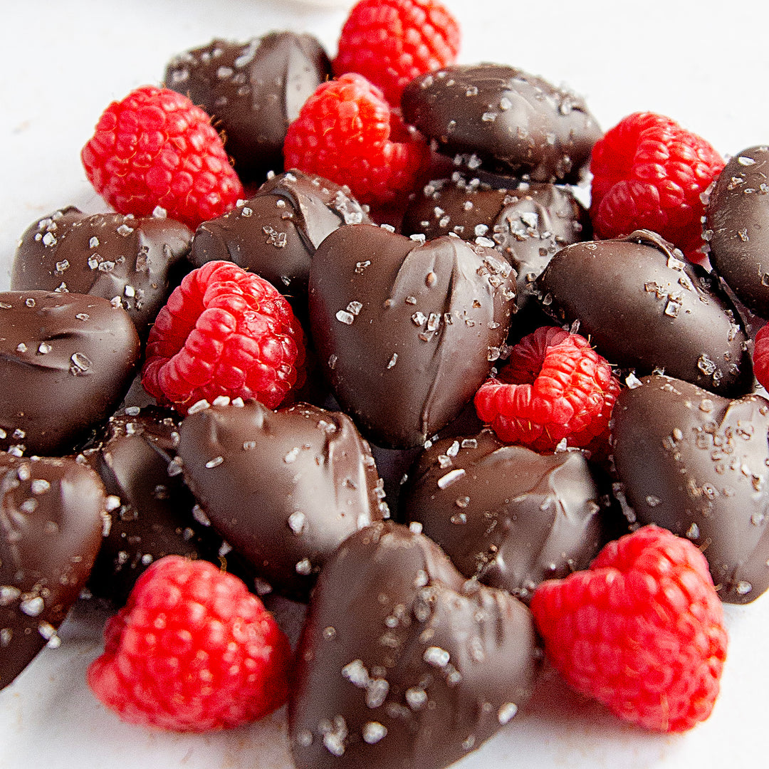 Dark Chocolate Raspberry Sea Salt Caramel Hearts 7 oz. Pouch