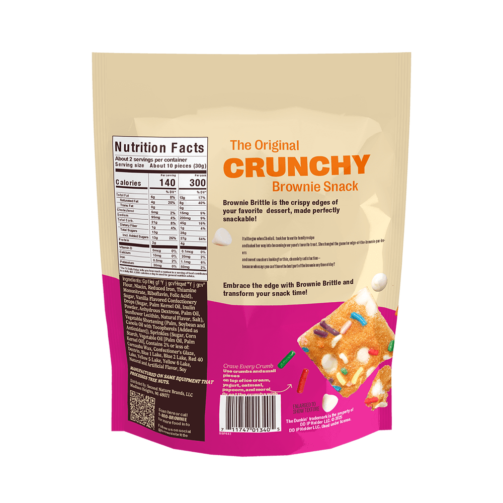 Bag of "The Original Crunchy Brownie Snack" with nutrition facts and ingredients. The lower half is pink with a colorful sprinkled brownie image.