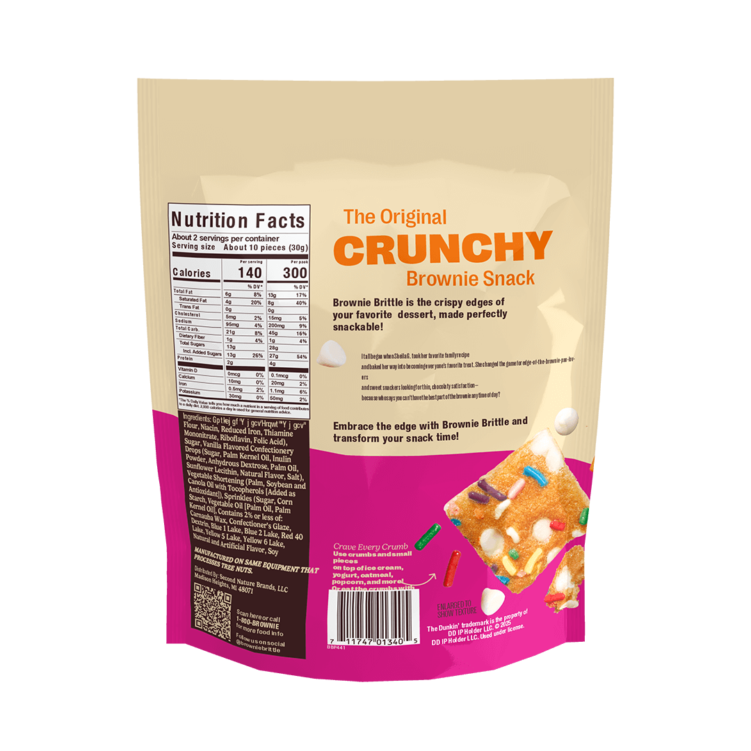 Bag of "The Original Crunchy Brownie Snack" with nutrition facts and ingredients. The lower half is pink with a colorful sprinkled brownie image.