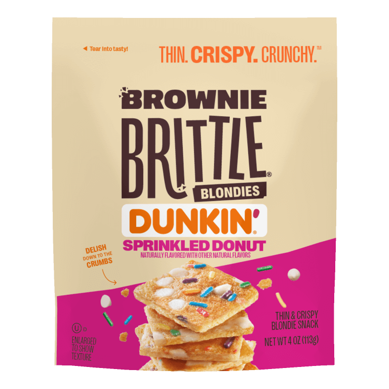 Packaging of Brownie Brittle Blondies in Dunkin' Sprinkled Donut flavor. It shows crispy squares topped with colorful sprinkles, giving a playful and crunchy vibe.
