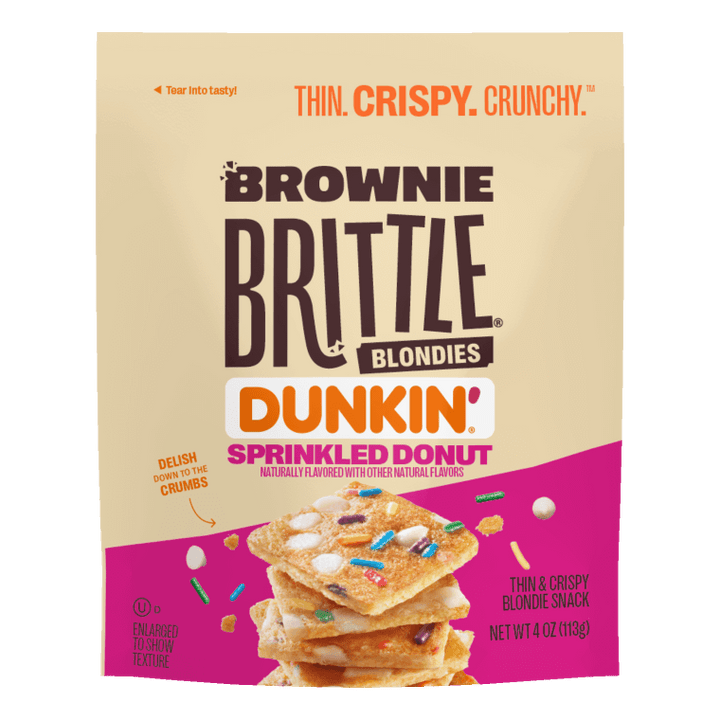 Packaging of Brownie Brittle Blondies in Dunkin' Sprinkled Donut flavor. It shows crispy squares topped with colorful sprinkles, giving a playful and crunchy vibe.