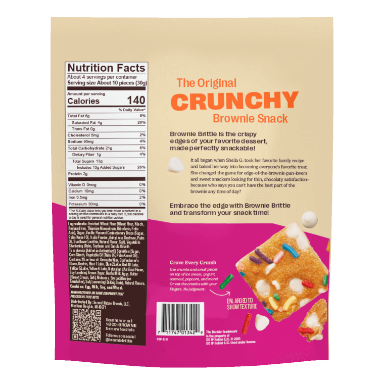 Packaging for "The Original Crunchy Brownie Snack" by Brownie Brittle. Features nutritional facts, product story, and an image of colorful, crispy brownie pieces.