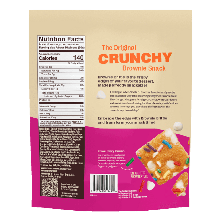 Packaging for "The Original Crunchy Brownie Snack" by Brownie Brittle. Features nutritional facts, product story, and an image of colorful, crispy brownie pieces.