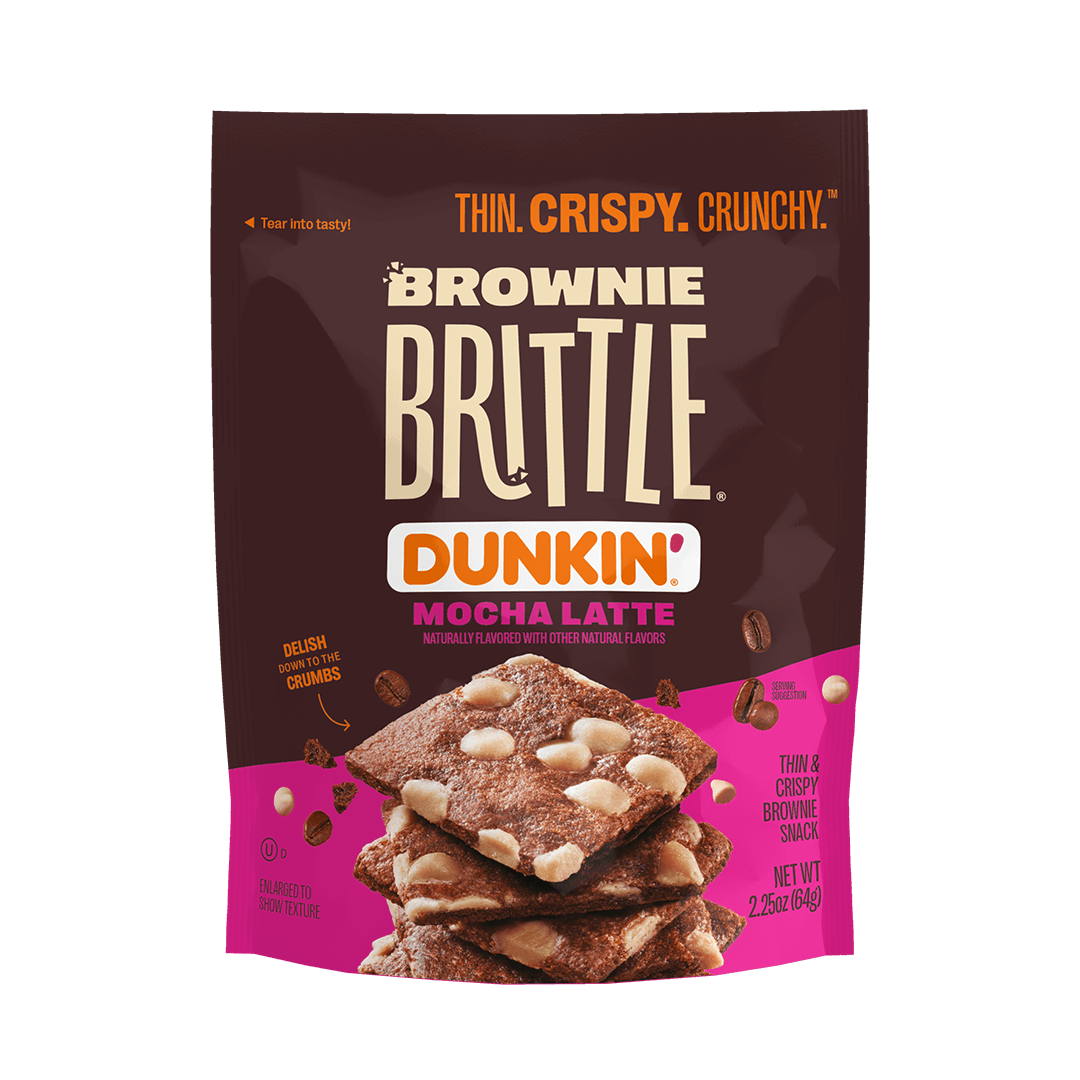 Package of Brownie Brittle in Mocha Latte flavor by Dunkin'. Features crispy brownie pieces with white chocolate chips, labeled as thin, crispy, and crunchy.