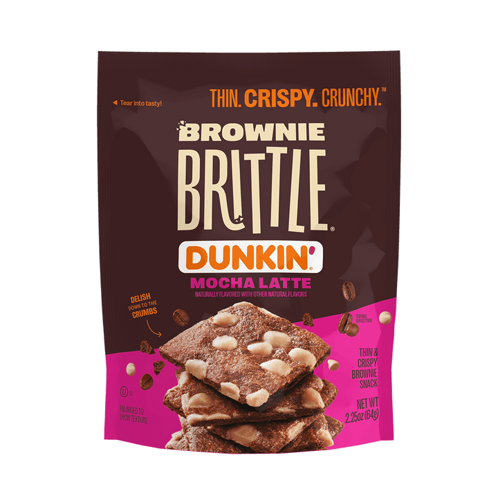 Package of Brownie Brittle in Mocha Latte flavor by Dunkin'. Features crispy brownie pieces with white chocolate chips, labeled as thin, crispy, and crunchy.
