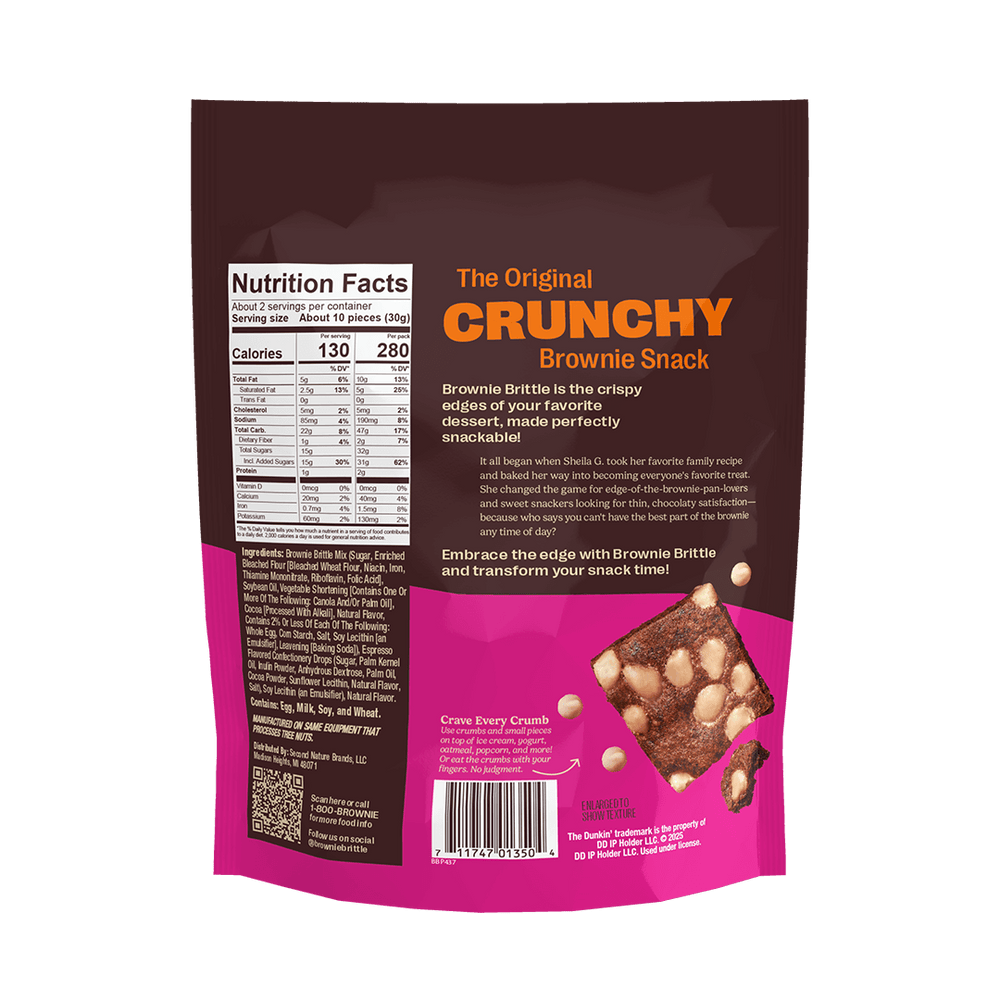 Back of a snack bag displaying the label of "The Original Crunchy Brownie Snack." It includes nutrition facts, ingredients, and an image of chocolate squares with nuts. The design is vibrant with brown and pink tones, conveying a tempting, indulgent treat.