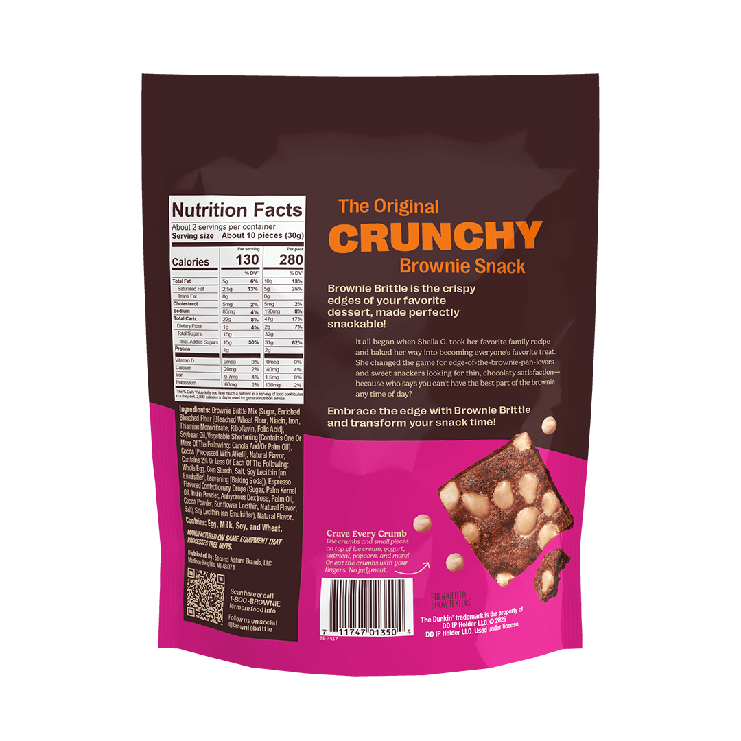 Back of a snack bag displaying the label of "The Original Crunchy Brownie Snack." It includes nutrition facts, ingredients, and an image of chocolate squares with nuts. The design is vibrant with brown and pink tones, conveying a tempting, indulgent treat.