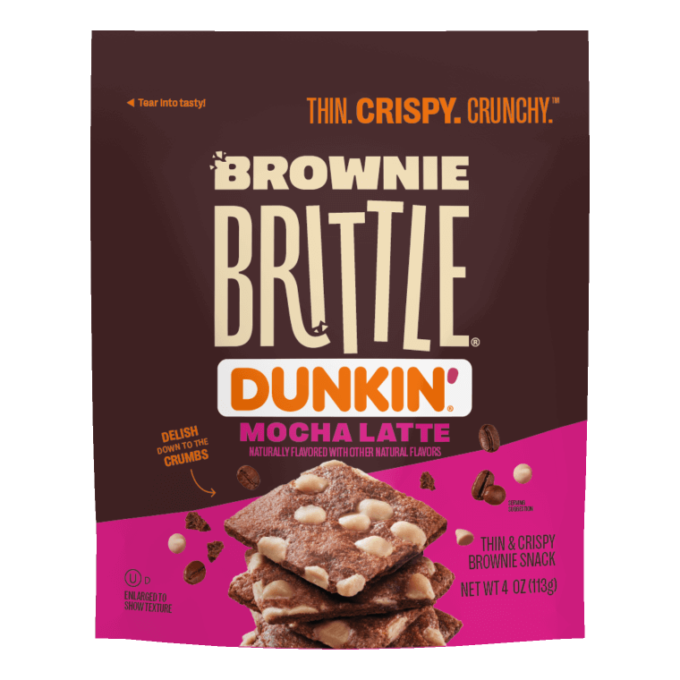 Brownie Brittle Dunkin' Mocha Latte flavor packaging with an image of thin, crispy chocolate squares dotted with white chips, conveying a crunchy texture.
