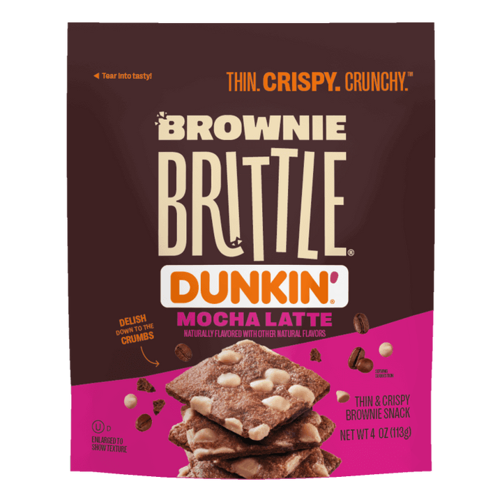 Brownie Brittle Dunkin' Mocha Latte flavor packaging with an image of thin, crispy chocolate squares dotted with white chips, conveying a crunchy texture.