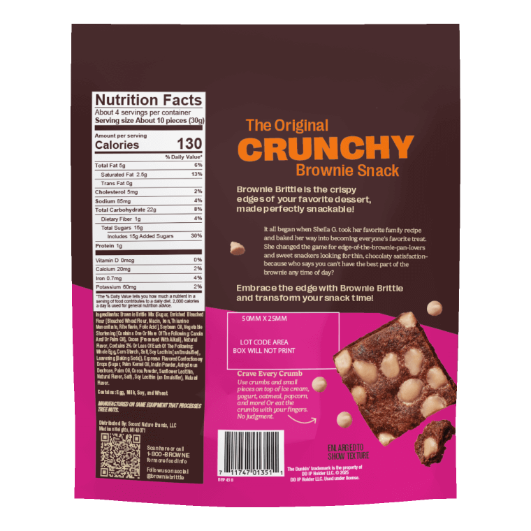 Packaging for "The Original Crunchy Brownie Snack" with nutritional facts on the left. Text describes the treat as crispy and satisfying. Image of brownie shows its texture.
