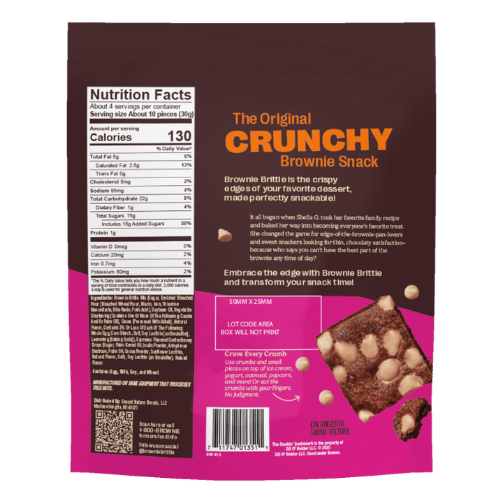 Packaging for "The Original Crunchy Brownie Snack" with nutritional facts on the left. Text describes the treat as crispy and satisfying. Image of brownie shows its texture.
