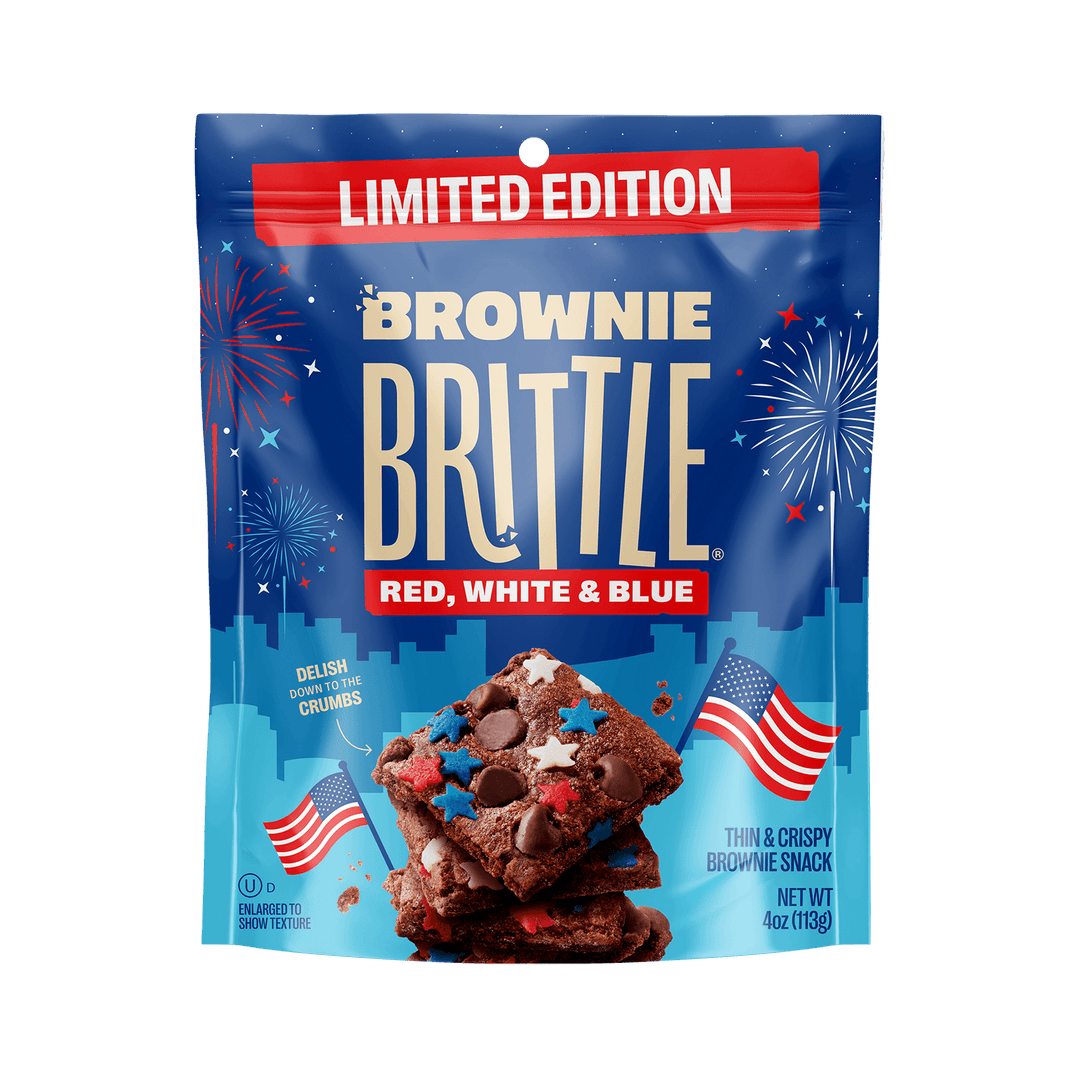Limited edition Brownie Brittle packaging with brownies topped with red, white, and blue stars. Fireworks and American flags add a festive touch.