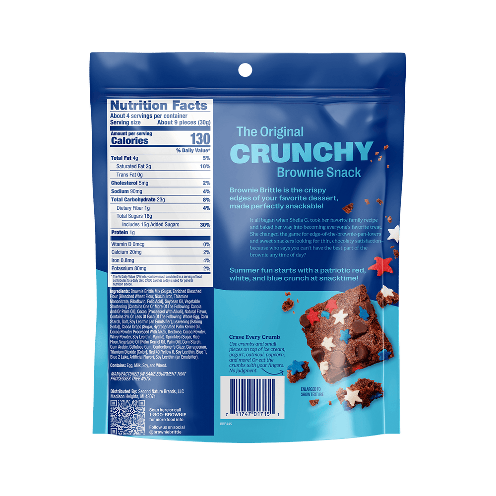 Resealable blue snack pouch of The Original Crunchy Brownie Snack. Features nutrition facts, patriotic themed star sprinkles, and a brownie image.
