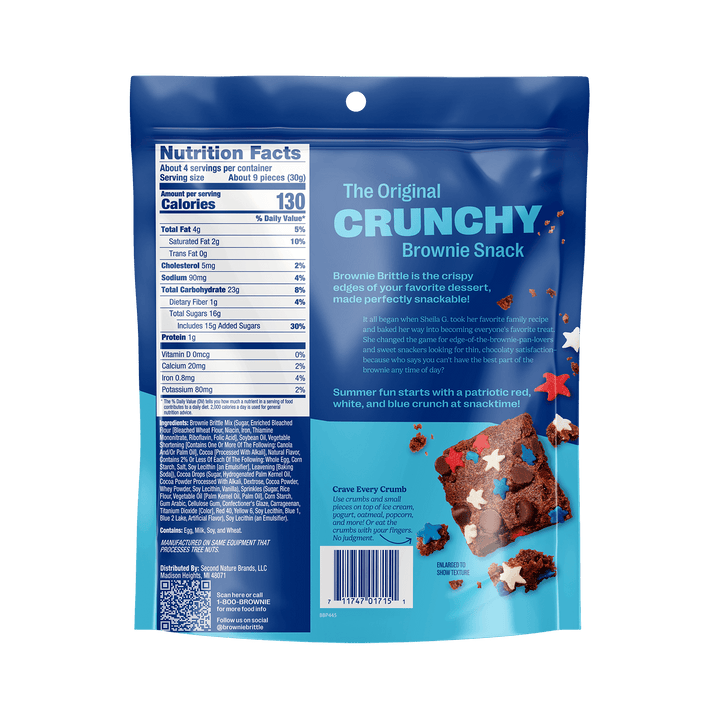 Resealable blue snack pouch of The Original Crunchy Brownie Snack. Features nutrition facts, patriotic themed star sprinkles, and a brownie image.