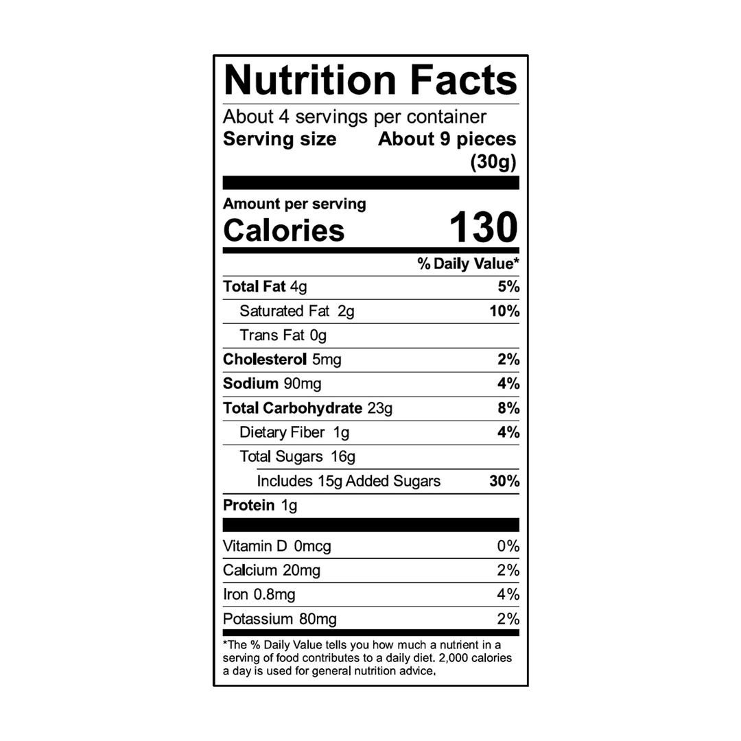 Nutrition facts label showing serving size as 9 pieces (30g) and 130 calories. Includes details on fats, cholesterol, sodium, carbs, sugars, and vitamins. 