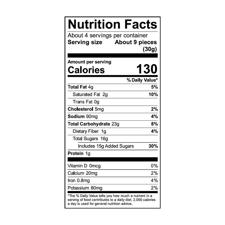 Nutrition facts label showing serving size as 9 pieces (30g) and 130 calories. Includes details on fats, cholesterol, sodium, carbs, sugars, and vitamins. 