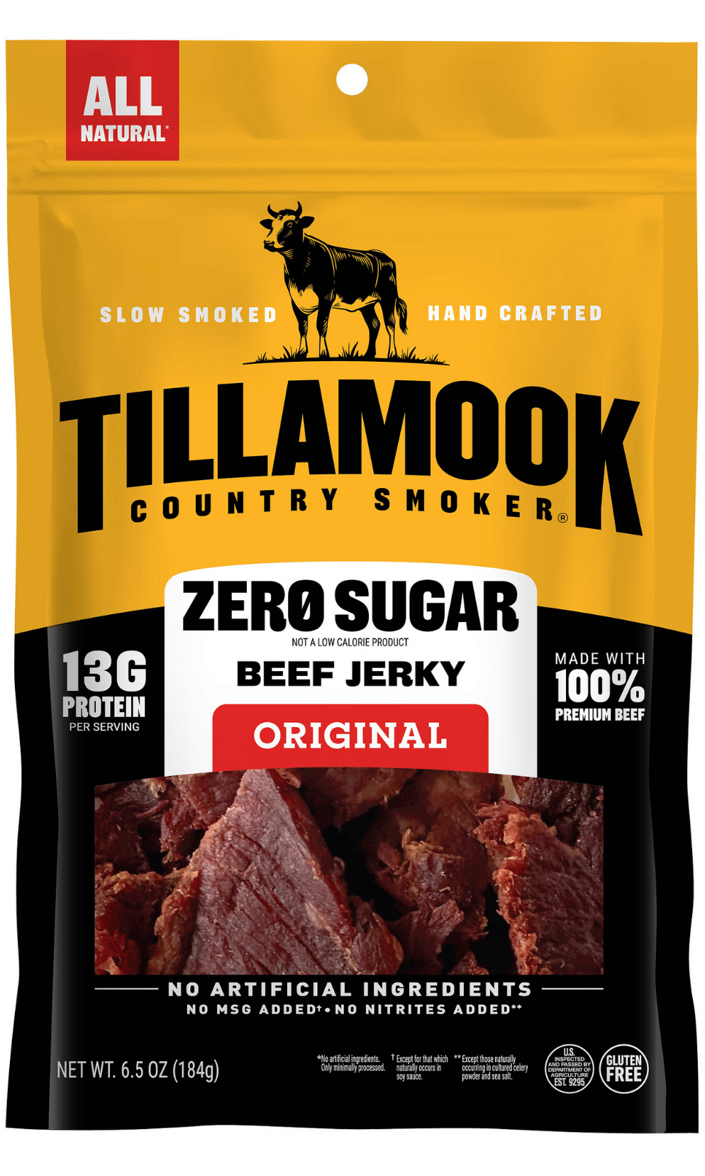 Tillamook Country Smoker Zero Sugar Beef Jerky package on a white background