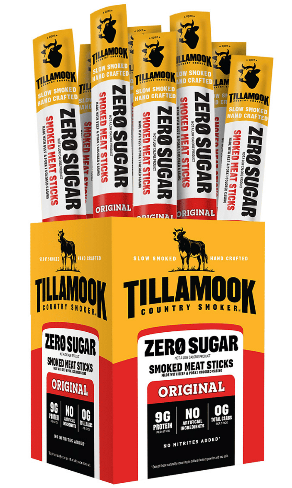 Tillamook Zero Sugar Smoked Meat Sticks packaging with multiple boxes displayed.