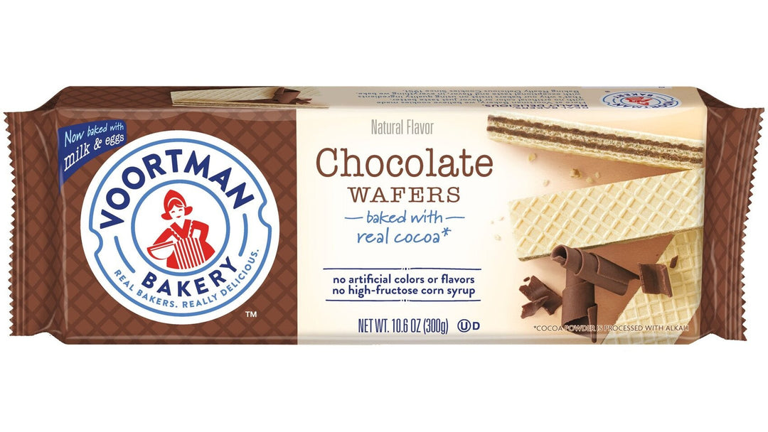 Voortman Bakery chocolate wafers package with a brown and white design on a white background