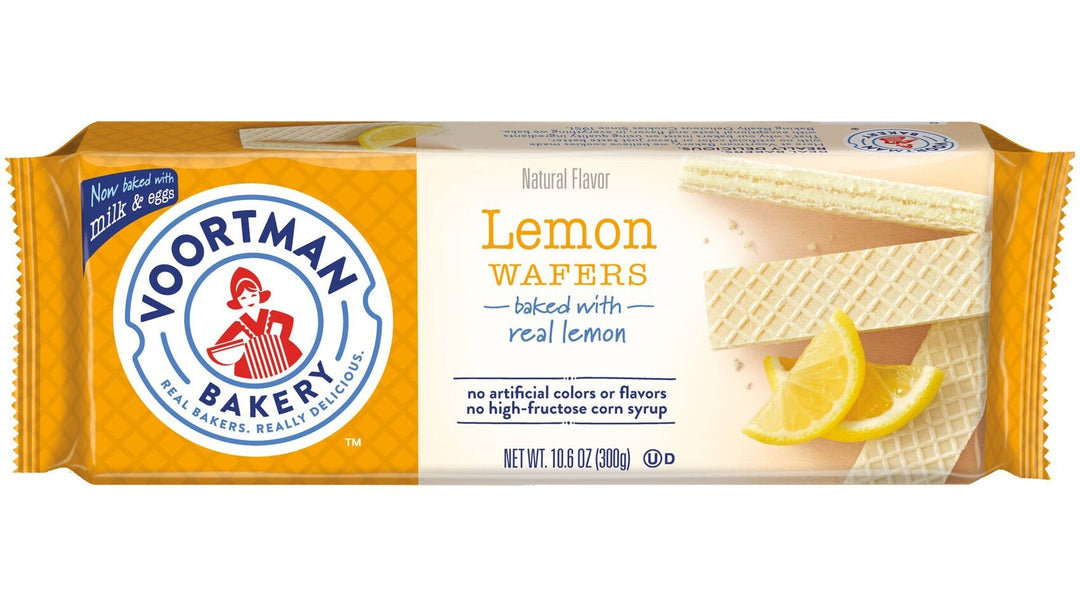 Voortman Bakery lemon wafers package with a yellow and white design on a white background