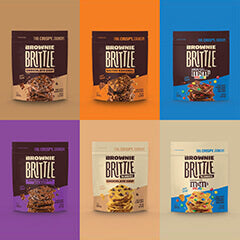 Grid of Brownie Brittle packaging on a multicolored background