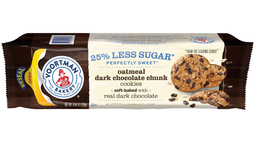 Voortman Bakery oatmeal dark chocolate chunk cookies package with a brown and white design on a white background