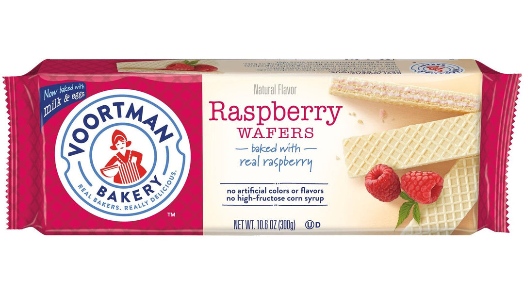Voortman Bakery raspberry wafers package with a red and white design on a white background