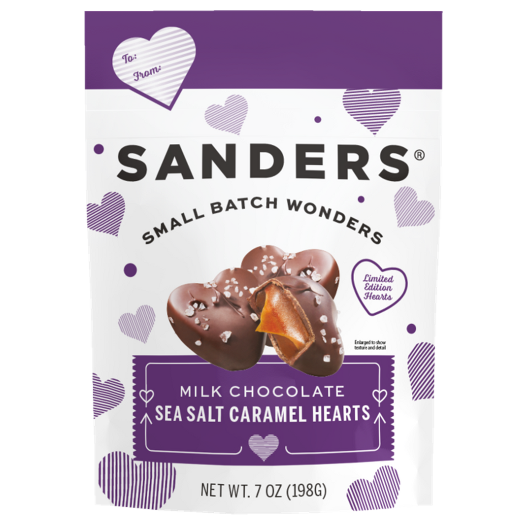 Milk Chocolate Sea Salt Caramel Hearts 7 oz. package front- product carousel image