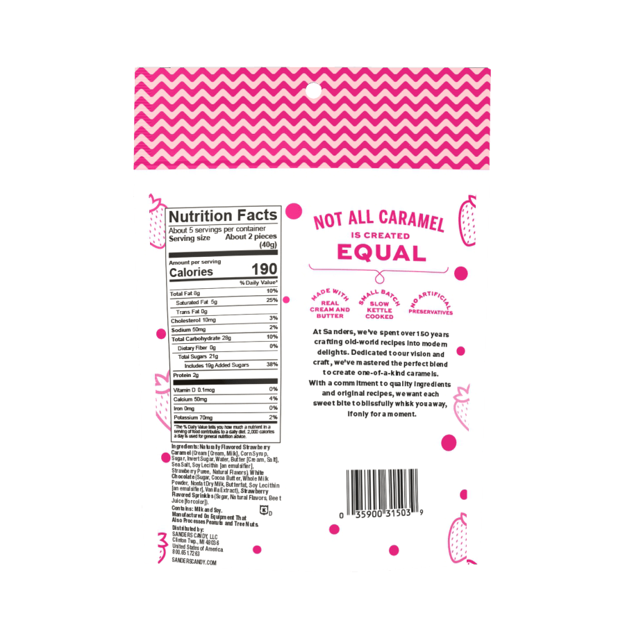 Back of a caramel packaging with a pink zigzag pattern. Text highlights "Not all caramel is created equal." Includes nutrition facts and ingredient details.