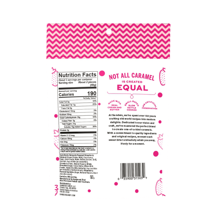 Back of a caramel packaging with a pink zigzag pattern. Text highlights "Not all caramel is created equal." Includes nutrition facts and ingredient details.